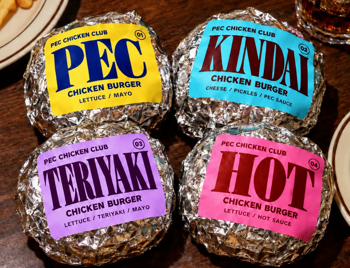 アルミホイルに包まれた4種類のチキンバーガー。PEC・KINDAI・TERIYAKI・HOT のラベル付き